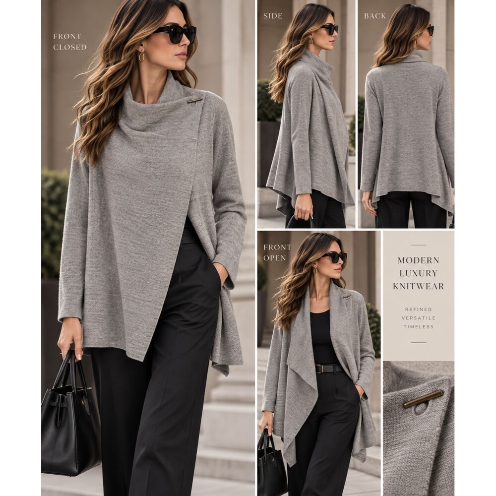 Tahari Extrafine Merino Wool Blend Open Front Cardigan Sweater tan charcoal Sz S